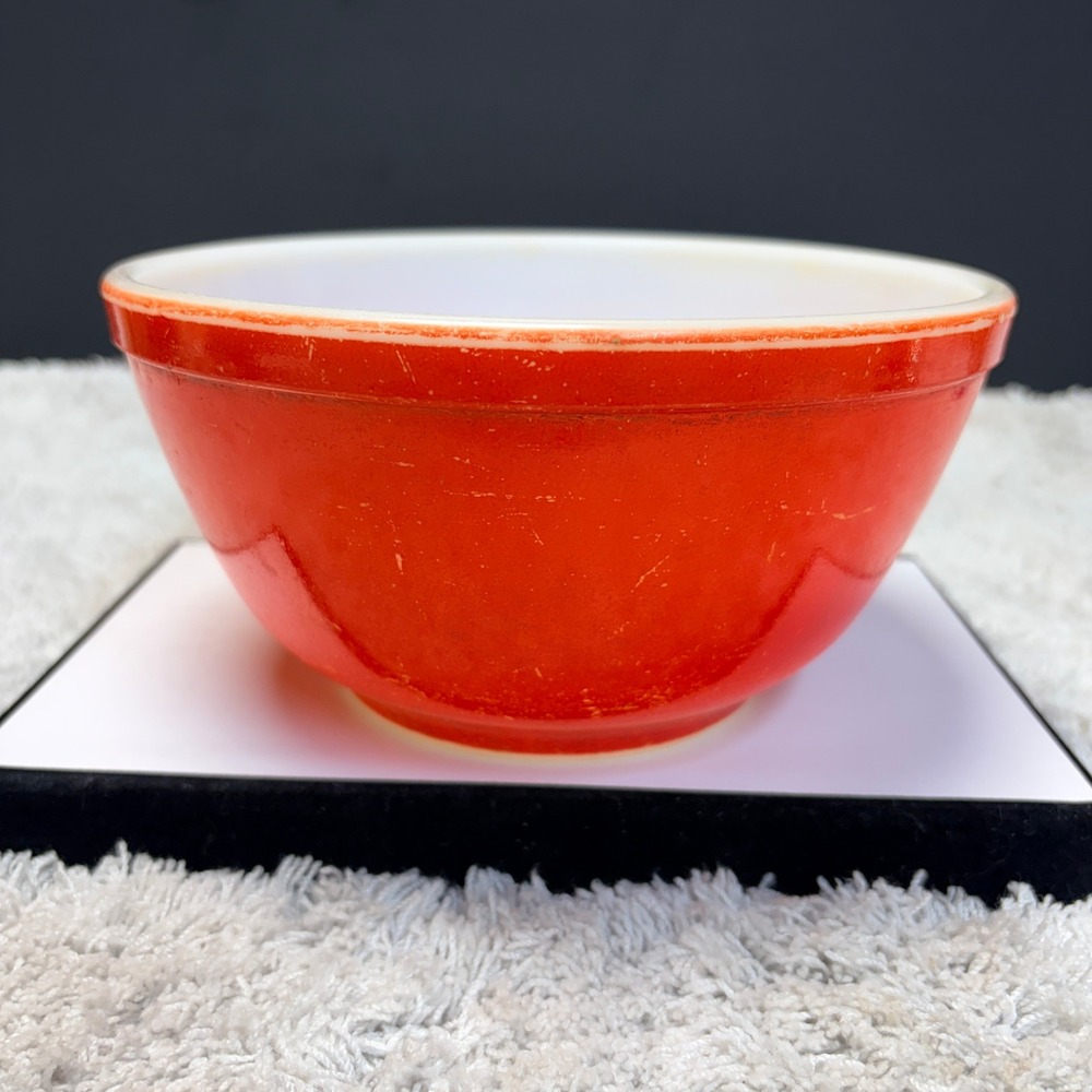 Vintage Pyrex Flameglo Red Orange Mixing Bowl 8.5" Milk‎ Glass Early Mark USA